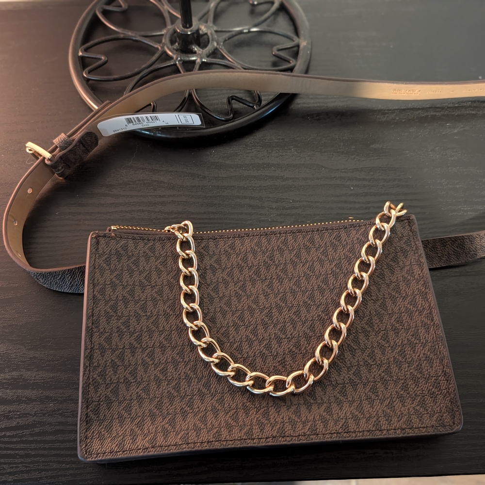 NWT Michael Kors Signature Logo Brown Belt Bag with Gold Chain